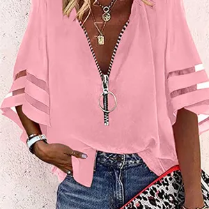 Langarm -Strickbluse für Frauen, sexy Spitzenhemd, Schrott, monochrom, Zipper, V -Neck, lose, lässige Tops, Streetwear, Sommer, 2022 12 Hauptverkaufsbluse Reißverschluss - №11