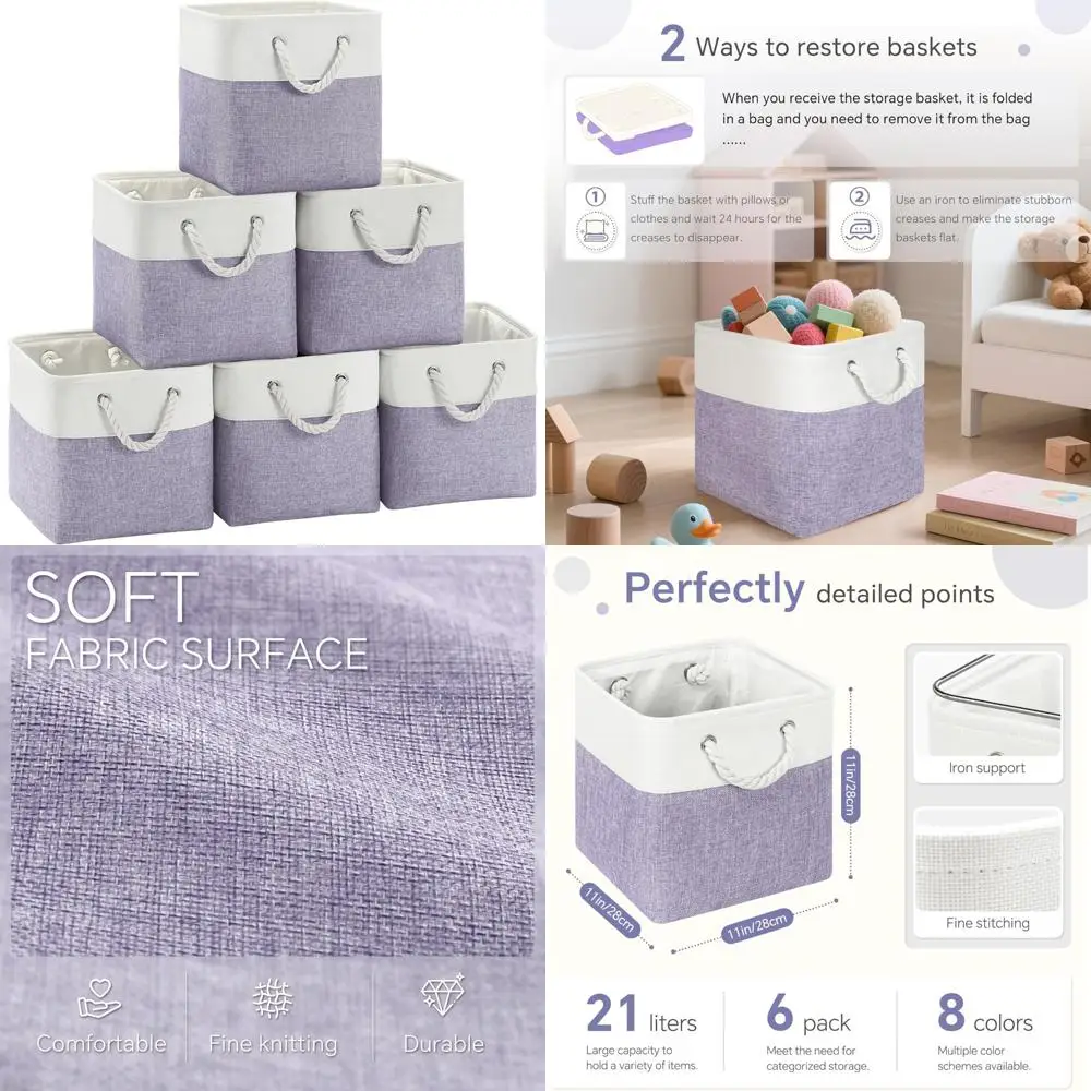 กล่องเก็บของขนาด 11x11 นิ้ว พร้อมหูหิ้วผ้าฝ้าย สำหรับจัดระเบียบเสื้อผ้า ของเล่น และผ้าขนหนู - สีขาวและสีม่วง ชุด 6 ชิ้น