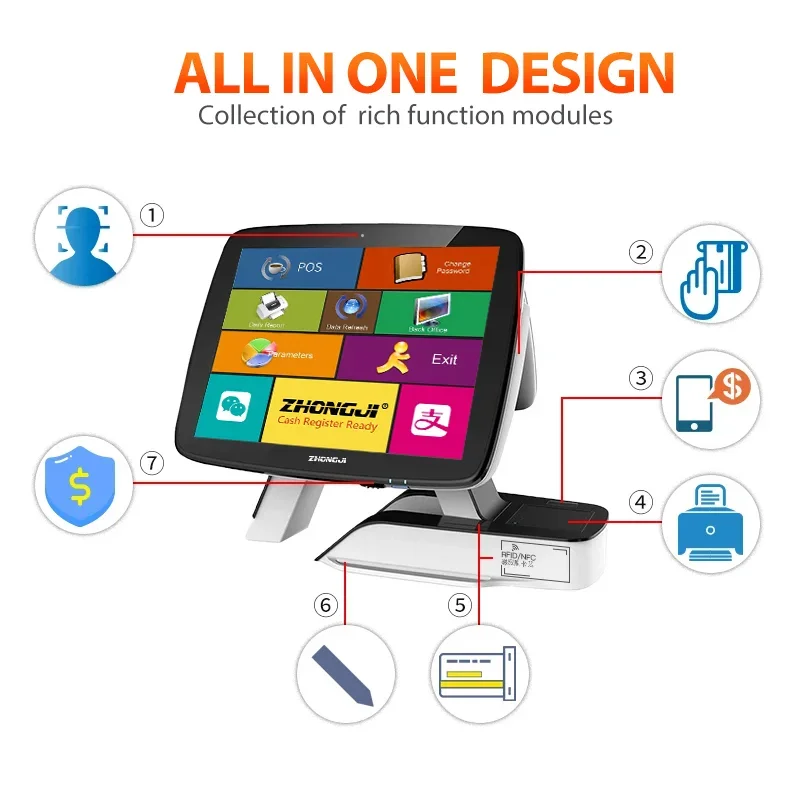 ZHONGJI tpv sale All in One Double Screen POS 15\'\' LCD Display Touch termin Pos System Cash Register Terminal with 58mm Printer