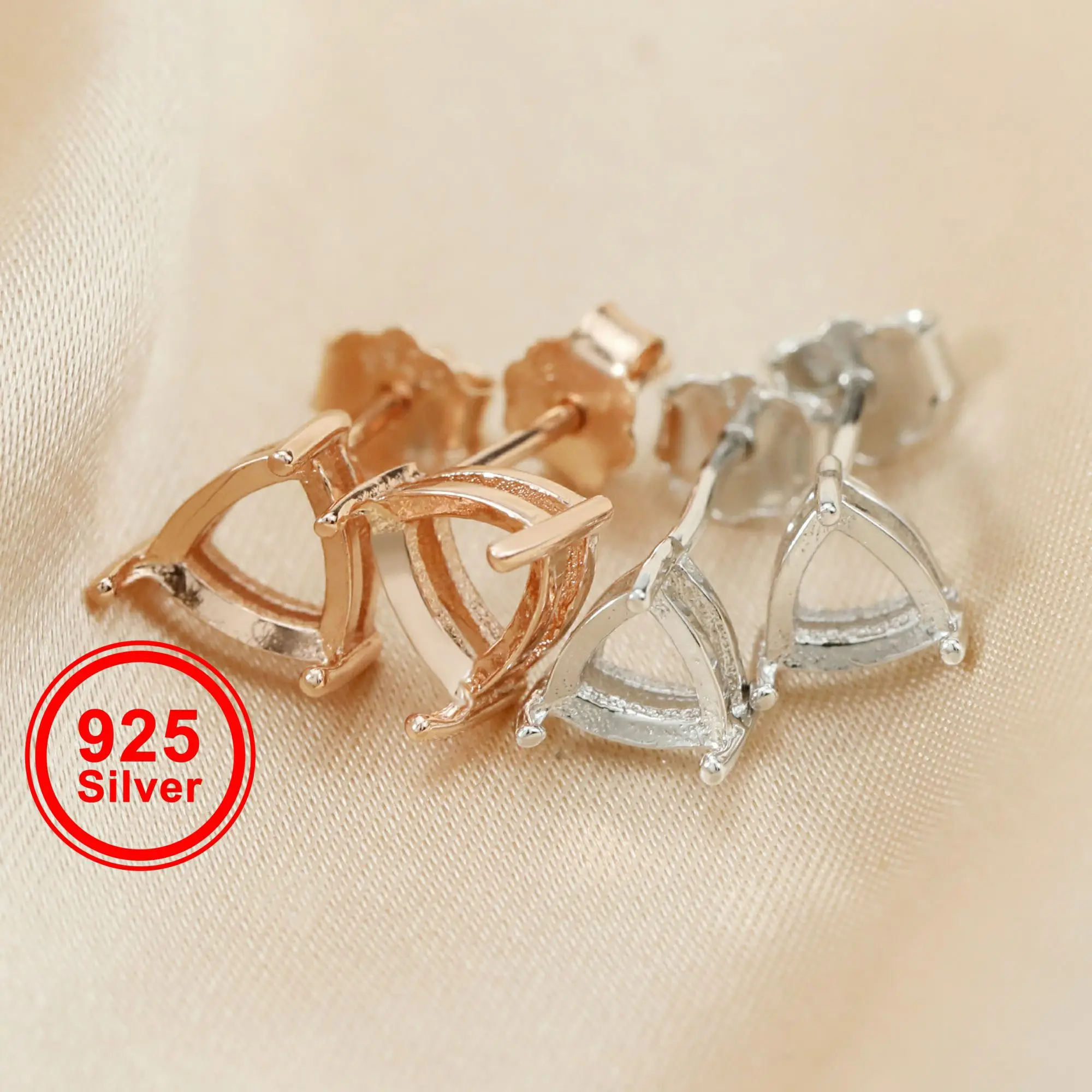 5-6MM Triangle Solid 925 Sterling Silver Rose Gold Tone DIY Prong Studs Earrings Settings Bezel 1706022