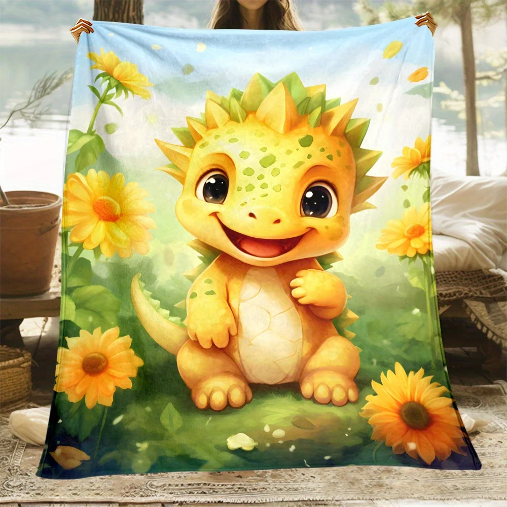 

Cute Baby Dragon Floral Garden Fleece Blanket Cartoon Animal Childrens Soft Throw Pillow Cover Gift For Kids Room Decor