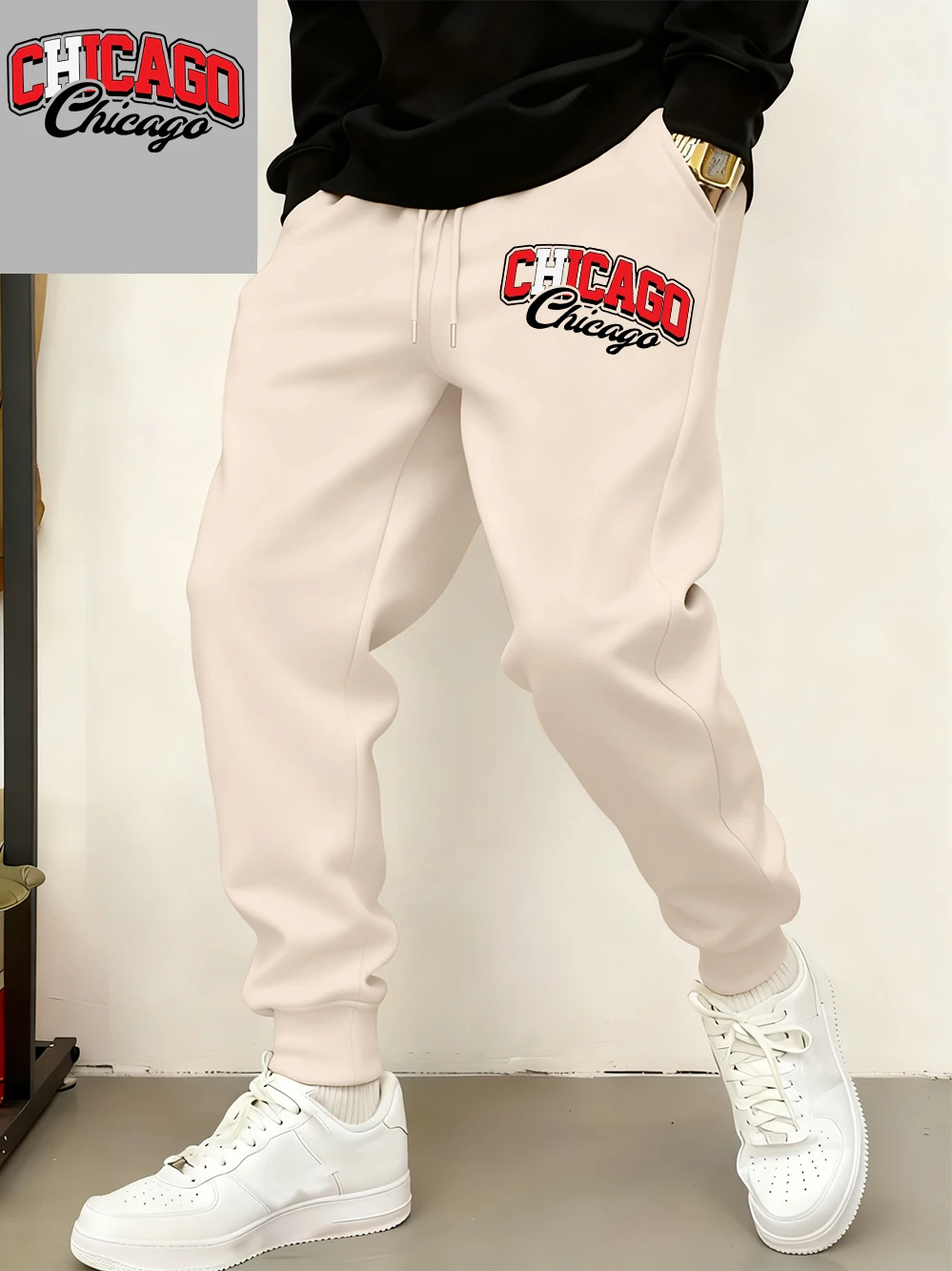 

Chicago Letter Printing Sweatpants Mens Basics Pocket Jogger Pants Casual Fleece Warm Oversized Trousers Winter Male Clothes