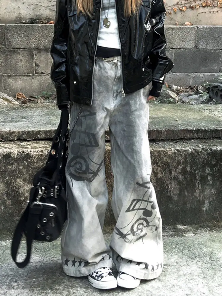 

Women Wash Dirty Dyed Vintage Jeans American Retro Graffiti Musical Notes Printed Denim Pants Streetwear Trashy Trousers