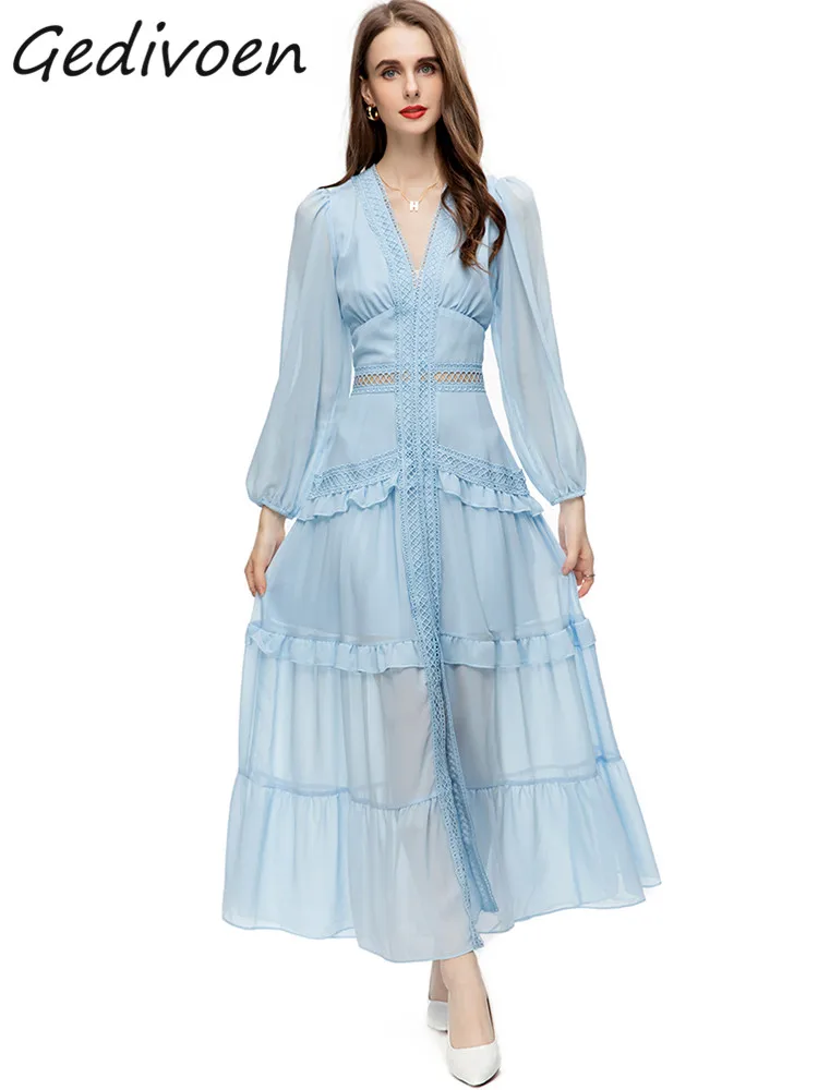 

Gedivoen Summer Fashion Designer Light Blue Vintage Party Dress Women's Lantern Sleeve Hollow Out Embroidery Ruffles Long Dress