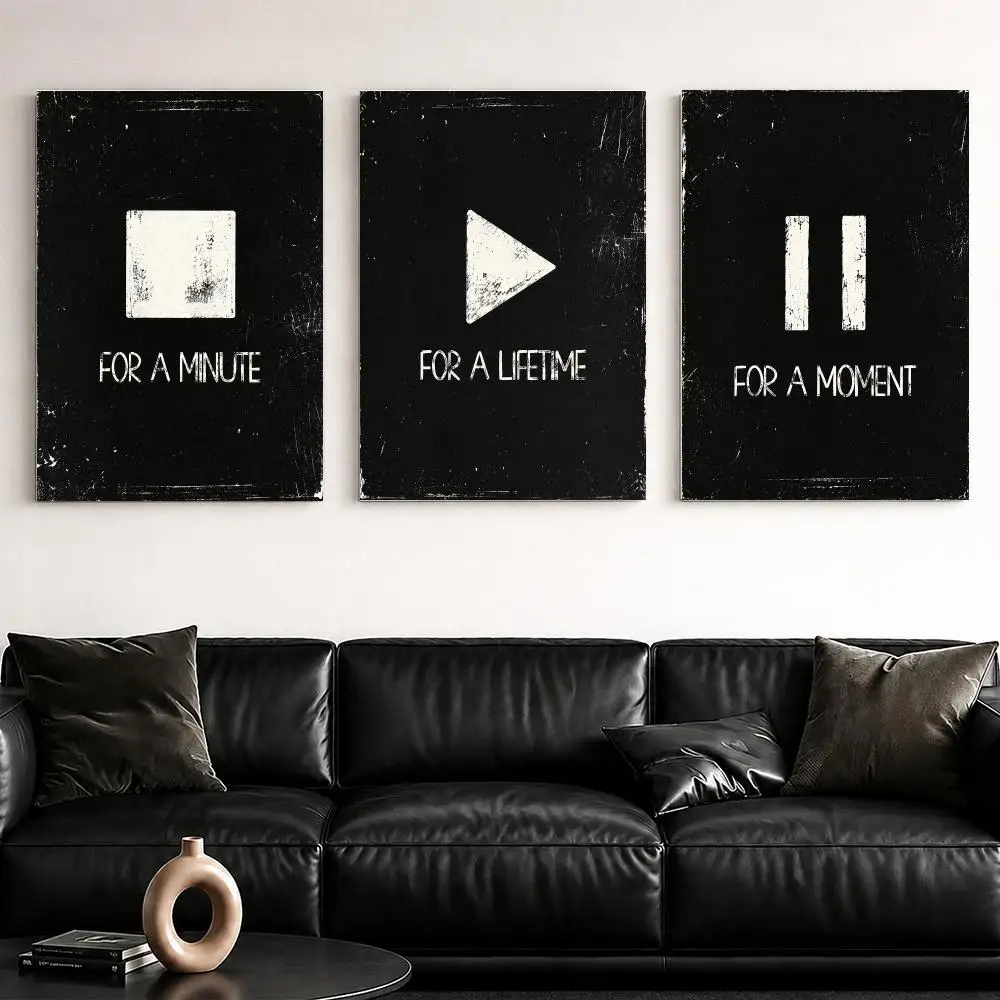 Play Pause Music Typography Framed Wall Painting Framed Canvas Wall Art Poster Solid Wood Frame Home Decor