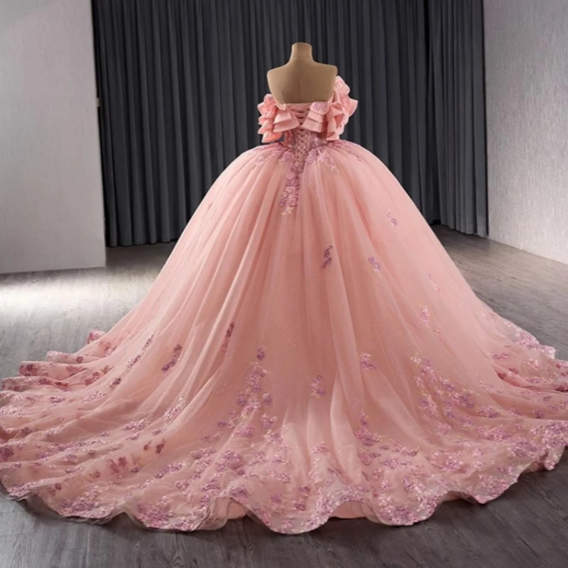 Real Picture High Quality Women Birthday Party Dresses Off Shoulder Flower Applique Ball Gown Vestido De xv Quinceanera Prom 15