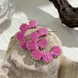 Lifefontier Trend Flower Hoop Earrings for Women Girls Handmade Candy Color Woven Raffia Vacation Beach Earring Jewelry Gifts