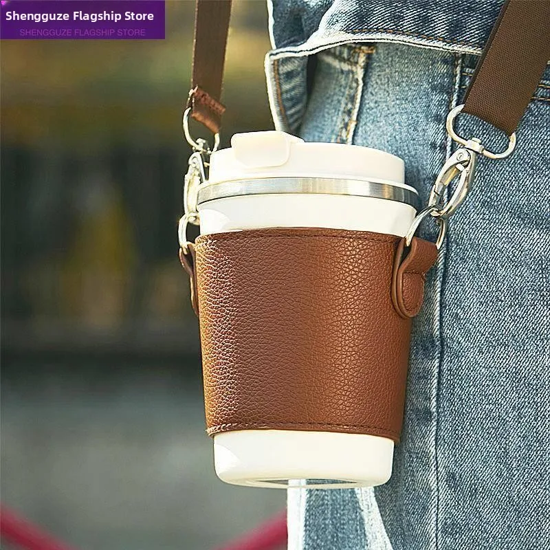 Portable Coffee Cup Holder PU Protection Strap across Body Milk Tea Cup Bag Carry Baby Bag Japanese Style External Packaging
