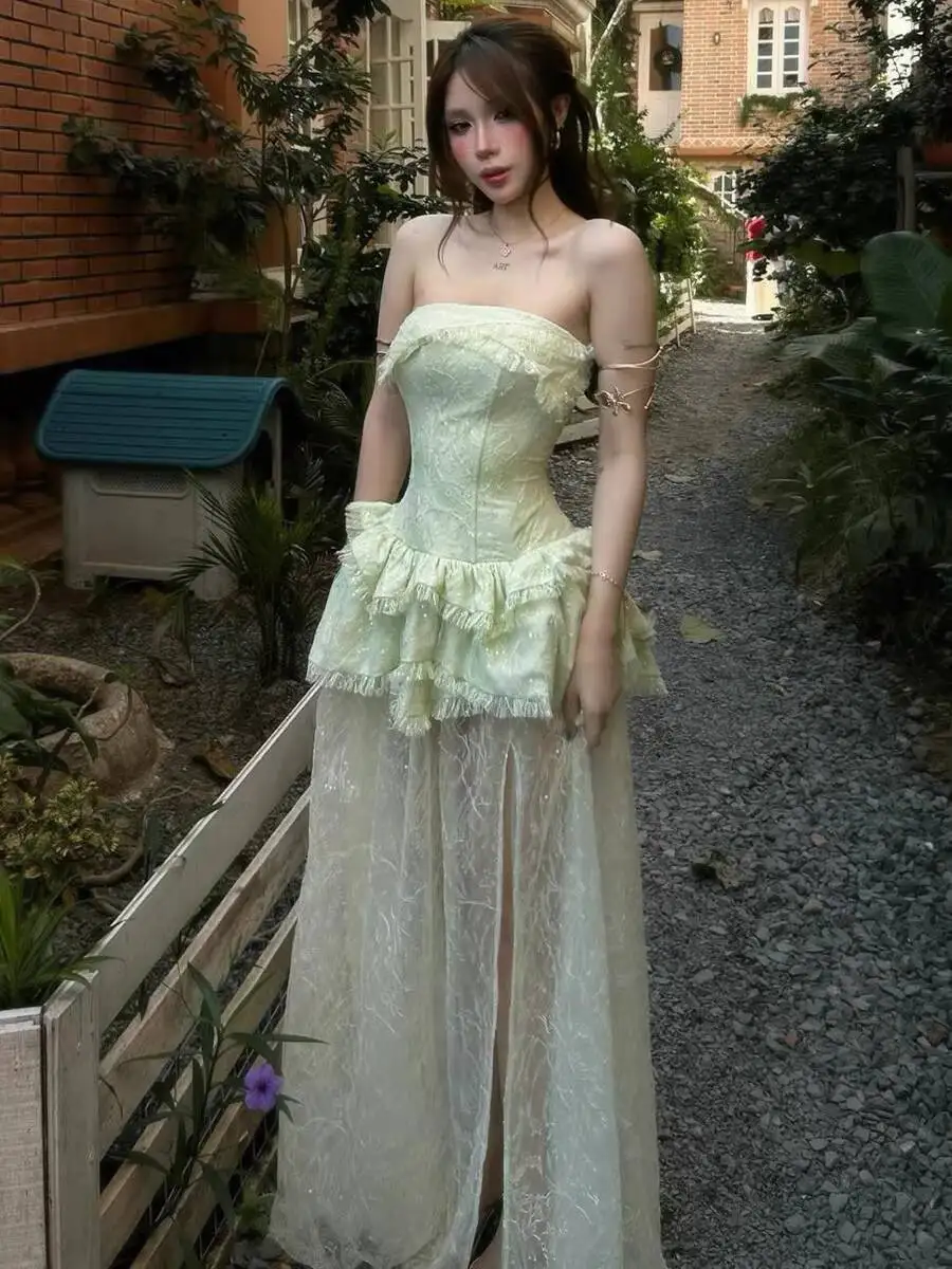 New Forest Style Sweet Design Sense Crop Tube Top Dress Women Splice Lace Skirt Hem Of A Skirt Puffy Skirt