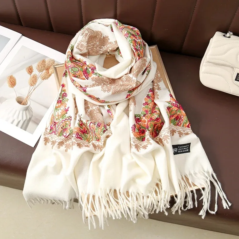 

New diamond embroidery imitation cashmere scarf for women, popular ethnic style, thickened warm tassel shawl