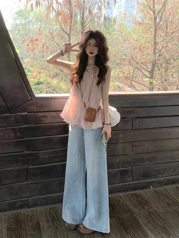 

Pure Style Summer Outfit Pink Sleeveless Shirt And Jeans Two-Piece Set High Waist Long Pants Casual Korean Version Fashion Set