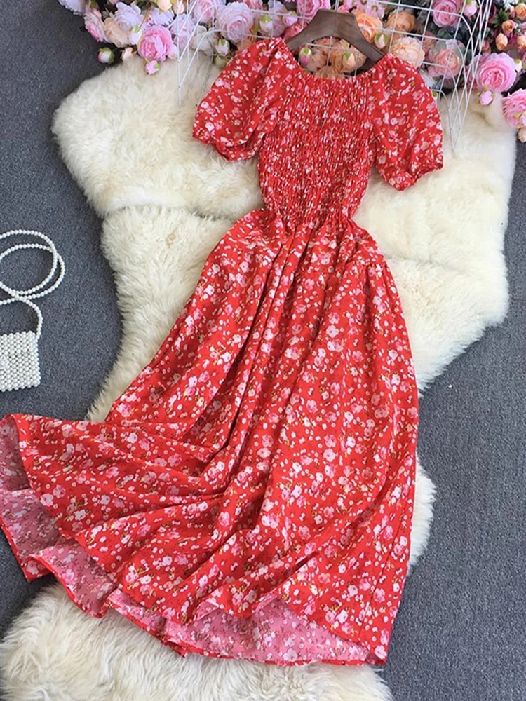 Wakacje na plaży Sukienka z kwiatowym nadrukiem Damska bufiaste rękawy Kwadratowy kołnierzyk Sukienki z wysokim stanem Koreańska moda Długa sukienka na imprezę