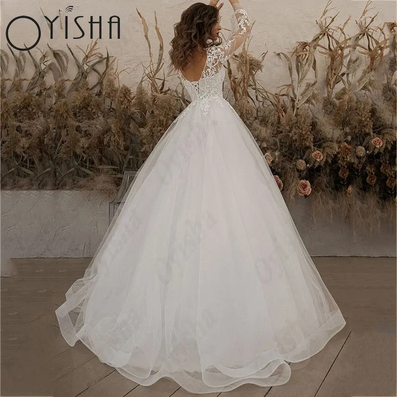 Oyisha Applikationen Spitze Puff Ärmel Brautkleider Illusion Schaufel A-Linie Tüll Schnürung Sweep Zug Braut Kleid Vestido de MariagesOYISHA Applikationen Spitze Puff Ärmel Brautkleider Illusion Scoop A-Linie Tüll Spit