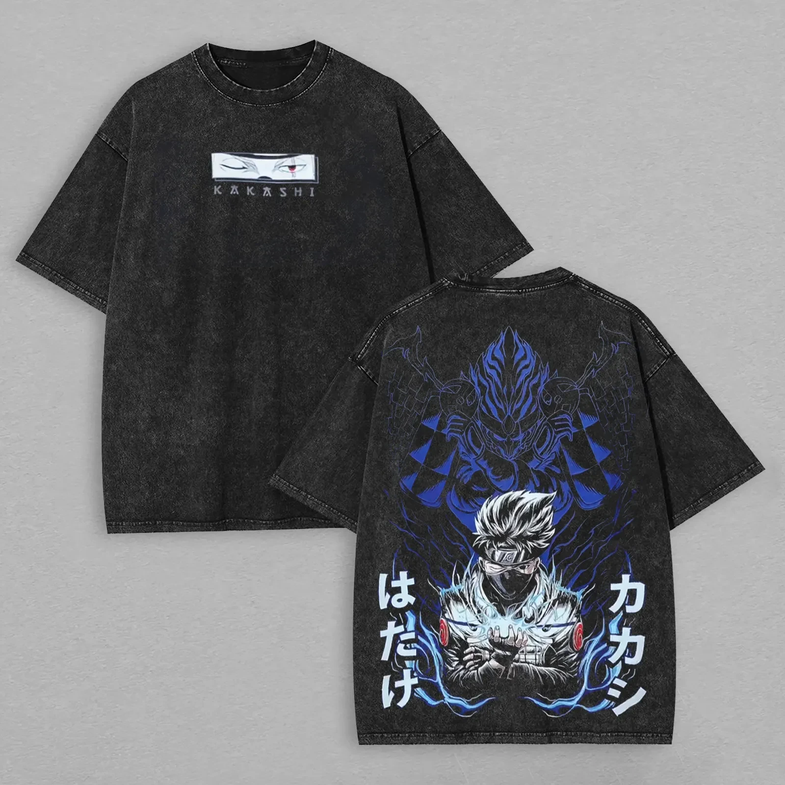 Kakashi Hatake T-Shirt Susanoo Chidori Vintage Acid Wash Streetwear Übergroßes Naruto Retro Anime Grafik Herren T-Shirt Baumwollkleidung