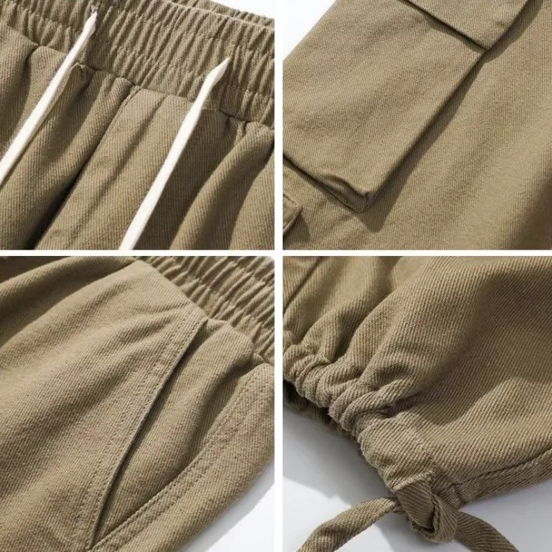 2023 spring new Solid Color men's clothing fashion casual trend loose Japanese Spliced pockets handsome All-match cargo Trousers