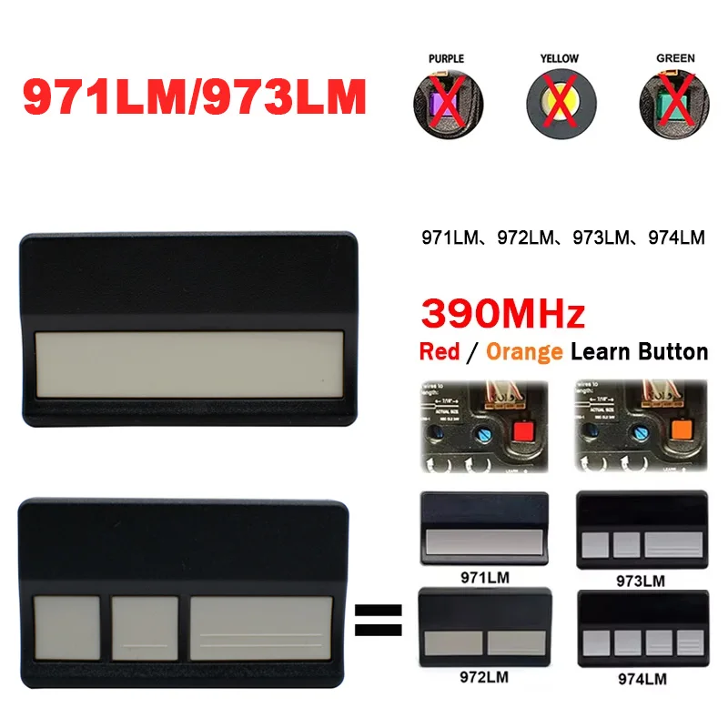 Chamberlain LiftMaster 971LM 973LM Keamanan + 390MHz Merah Oranye Tombol Belajar Pembuka Pintu Garasi Remote Control dengan Klip Visor