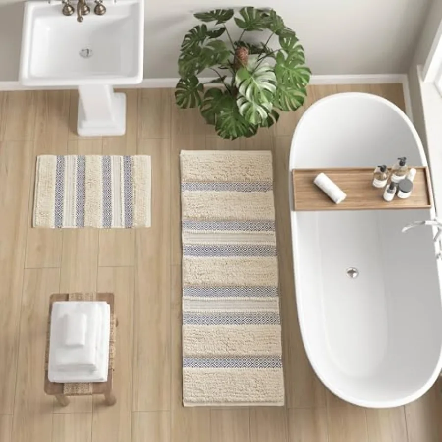 

Bath Rug Hand-Woven Texture Shaggy Striped Soft and Water Absorbent Boho Bathroom Décor Bath-Mats Non-Slip Absorbent Quick Dry