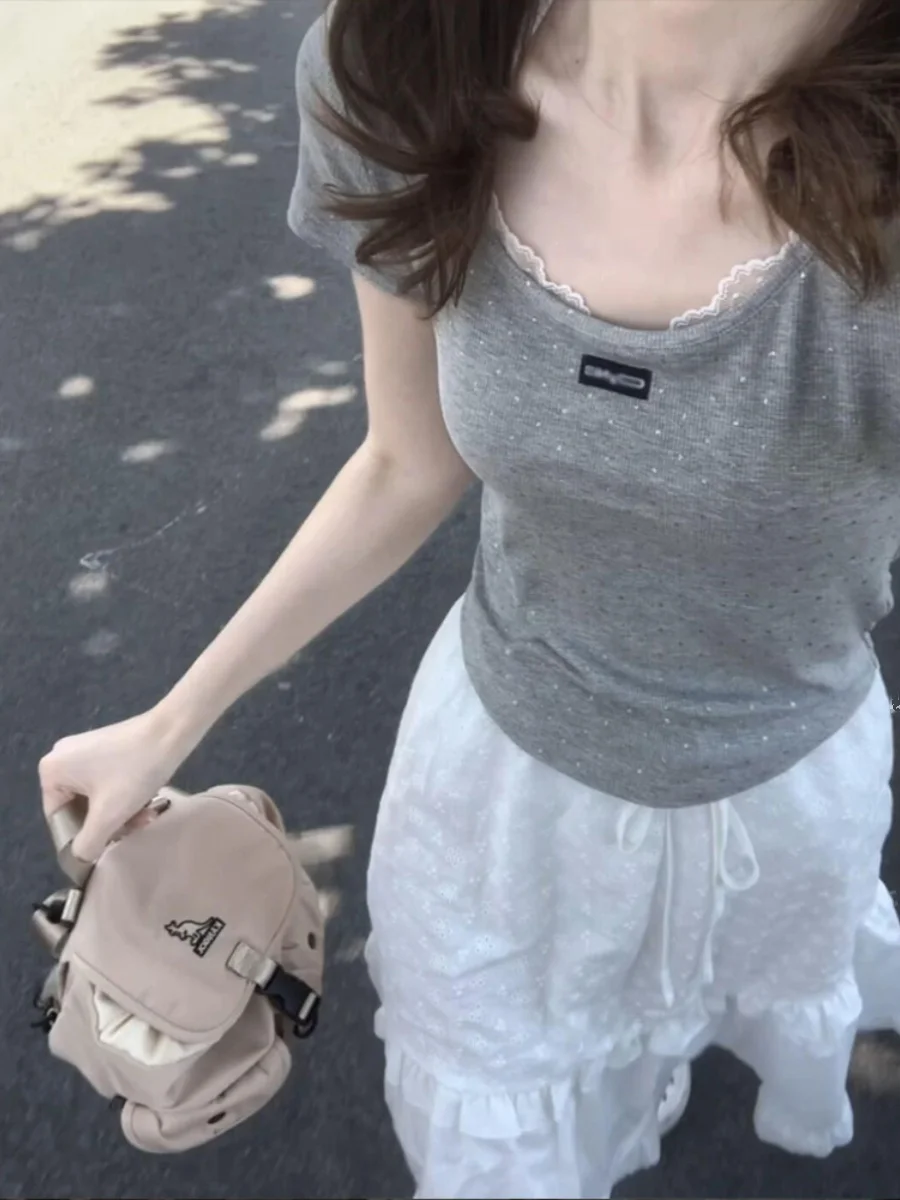 ay U-Ne Lace ort Sve T-irt Donna Estate Slim Fit ort Lunghezza Appeso Ne Base irt Coreano Sle Pendolarismo Vento