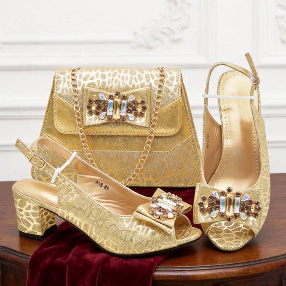 Latest Design Nigerian Shoes and Bags To Match Shoe and Bag Set for Party in Women Italian Rhinestones Elegant Peep Toe Sandals