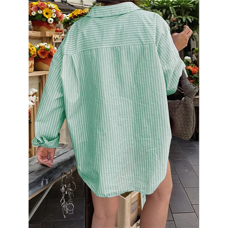 

【SEE】Womens Shirts Button Down Stripe Long Sleeve Blouse Fashion Casual Tops 2025