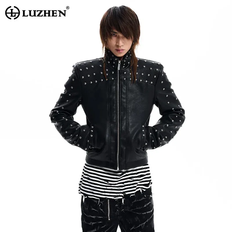 LUZHEN 2026 New Original Rivet Metal Decorate Stand Neck Leather Jacket Men's High Quality Slim Motorcycles Short Coat JY9063