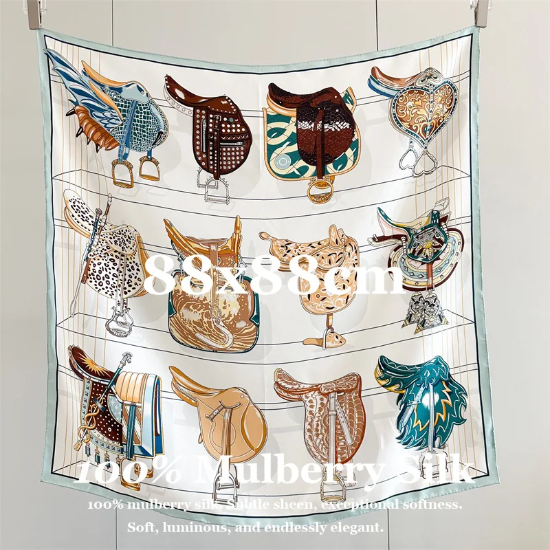 

New 100% Real Silk Scarf Luxury Silk Bandana 88x88cm Soft Casual Retro Hair Wrap Shawl Breathable Bandana Hijab Hand-Rolled Hem
