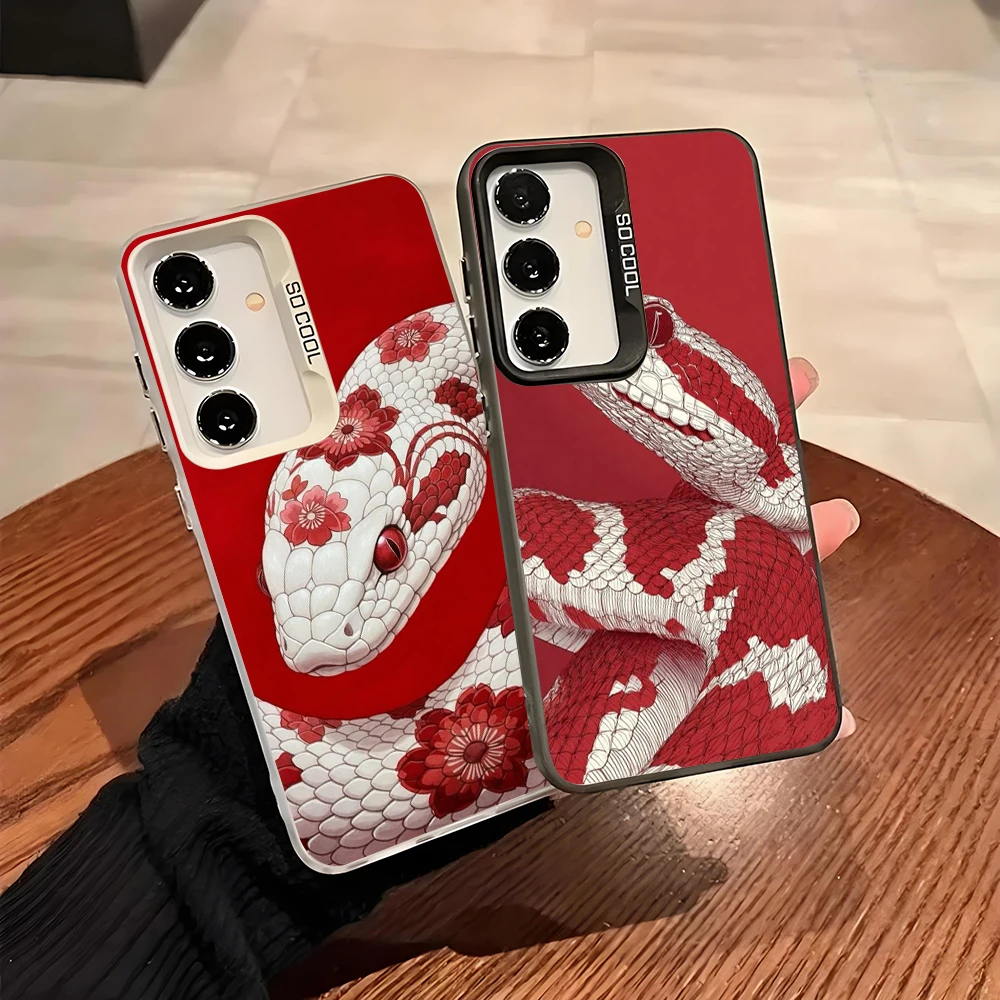 Phone Case for Samsung Galaxy A13 A14 A23 A02S A03 A05 A05S A52 A54 5G Shockproof Grey Silvery Phone Cover Red Snake Present Bag