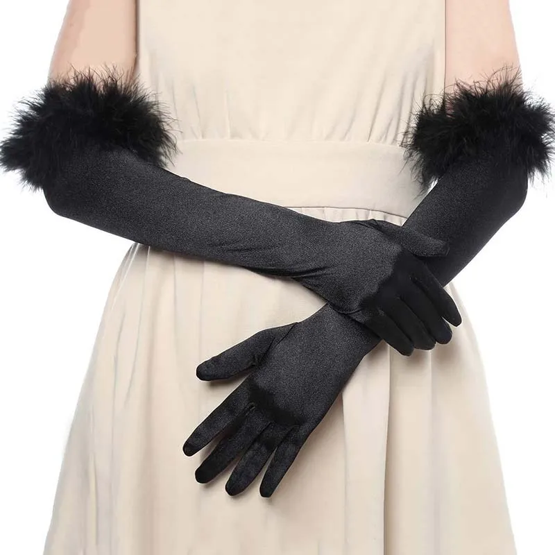 

Fashion Cuff Feather Satin Elastic Long Full Finger Wedding Dress Gloves Halloween Makeup Party Opera Stage Women's Mittens E43