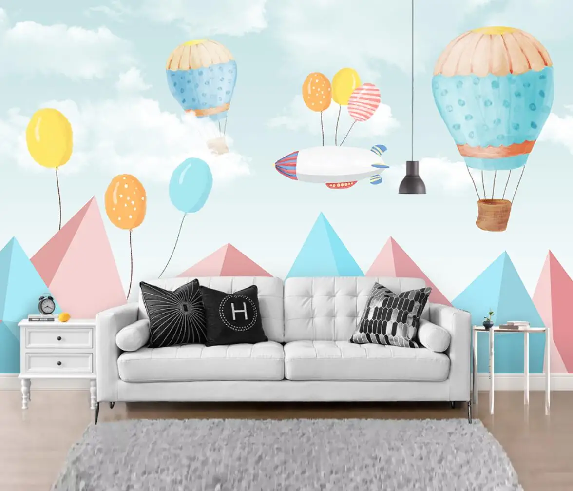 Custom Cartoon wall paper home decor hot air balloon rocket plane wallpaper for children's room TV background room decoration