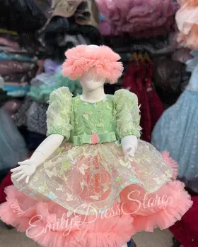 Anpassad Baby Flower Girl Dress För Bröllop Applikation Plisserad Paljetter Puffig Tyll Födelsedagsfest Barn Första Kommunion Balklänning 10 best sales Girl first communion dress - №1