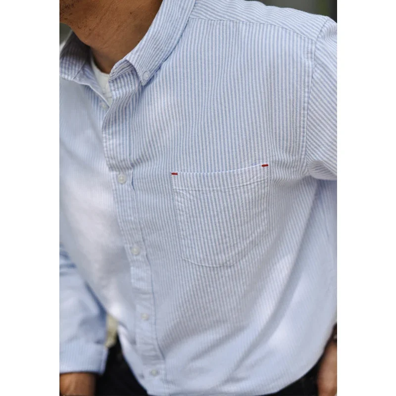Saucezhan Men Shirts Stripe Shirt for Man Long Sleeve Oxford Cotton Pockets Regular Fit
