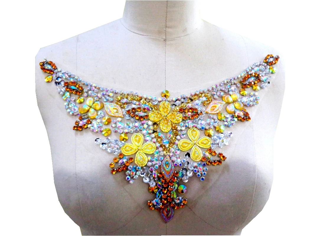 Handmade crystal  patches Golden/clear AB colour sew on  Rhinestones applique with stones sequins beads 32*13cm  for top dress