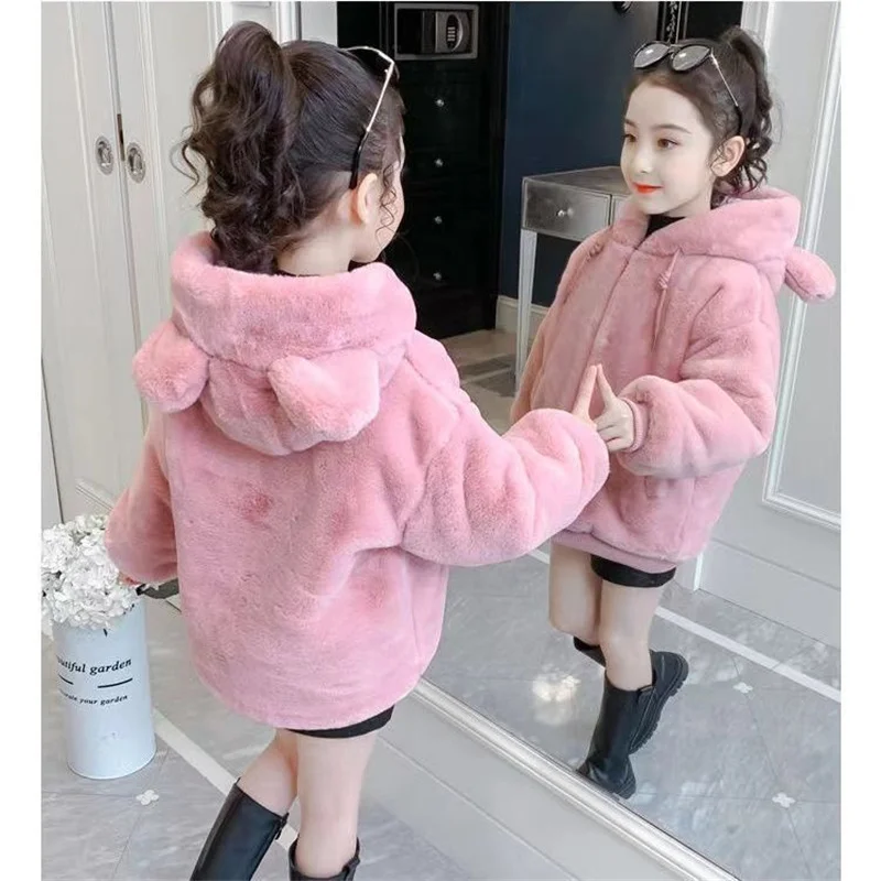 2026 Girls' Fluffy Coats Children's Thick Warm Jackets Kids Imitation Fur Cotton Outerwear Teenager Winter Hooded Clothing