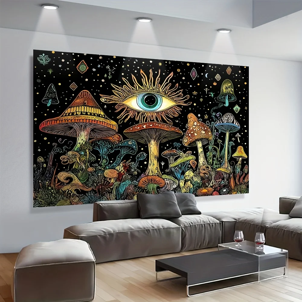 1 x Mystical Mushroom Wall Hanging - Psychedelic Hippie Bedroom Decor, Polyester Fabric with Glowing Eyes Design
