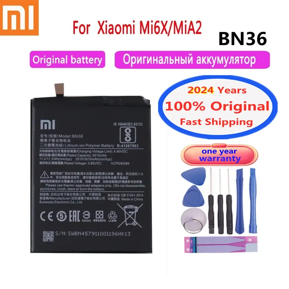 

2024 Years BN36 100% Original Battery For Xiaomi Mi 6X Mi6X / Mi A2 MiA2 3000mAh Phone Battery Batteries Bateria Fast Shipping