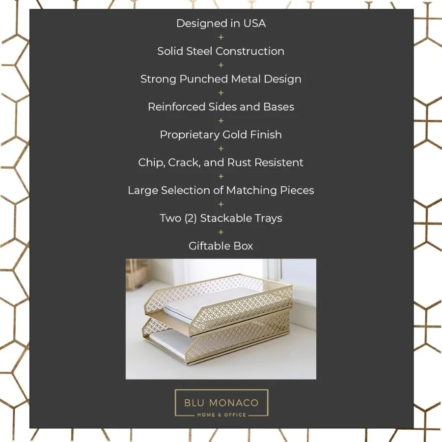 BLU MONACO منظم الملفات الذهبية مجموعة صواني الورق القابلة للتكديس مكونة من 2 لمكتب المكتب وصواني الرسالة منظم مكتب ذهبي لـ Efficie #4