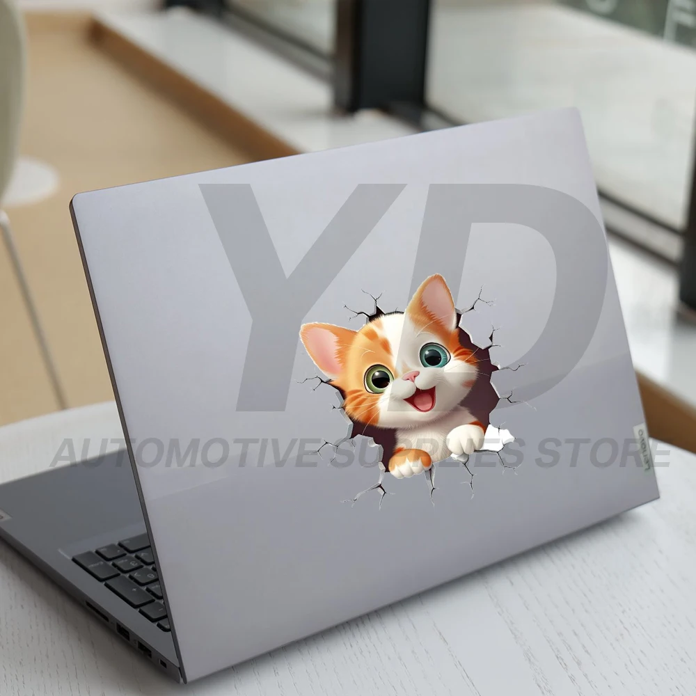 Cool 3D Broken Wall Cat Sticker Happy Ginger Kitten Car Decal Personality Hood Trunk Decor Vinyl Sticker for Truck SUV DIY view 5