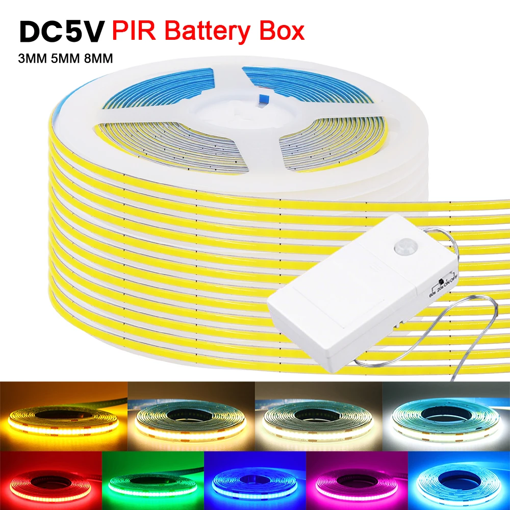 5V COB LED Strip Light 3mm 5mm 8mm PCB Motion Sensor Battery Powered Blue Warm White 320LED/M Flex Tape Cabinet Bedroom Lighting