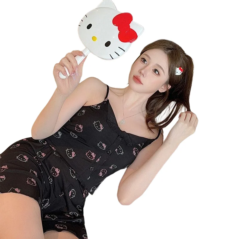 سانريو مرحبا كيتي لطيف الحلو حار Y2K فتاة تيز المرأة الصيف القط الصغير تي شيرت مطبوع الكورية نمط موضة سليم البنطال القصير