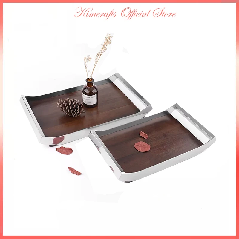 

Home Decoration Stainless Steel And Wooden Tray Decorative Plate Luxury Jewelry Plate Lipstick Holder Perfume Tray Dessert Plate