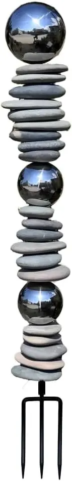 Stainless Steel Rock Sphere Outdoor Stake Modern Yard Sculpture