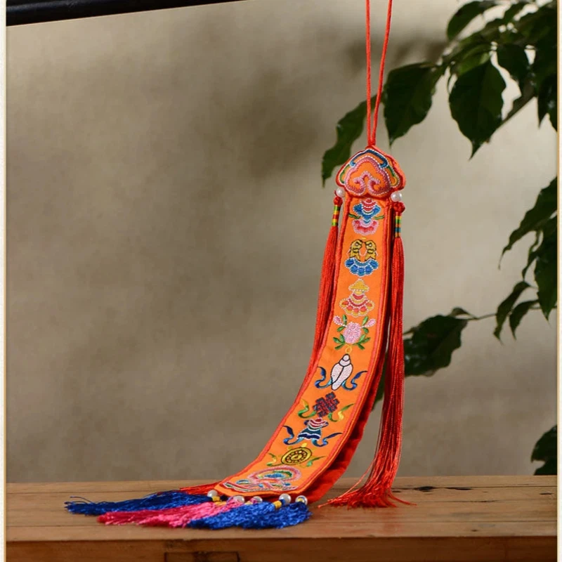 Tibetan Ribbon Flags Nepal Handmade Eight Auspicious-Tambourine Embroidery Pendant,Buddhism Hall Red