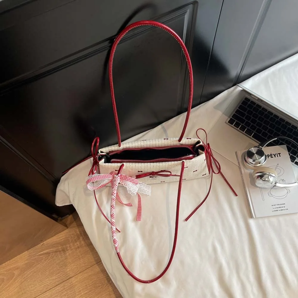 

All-match Sweet French Stick Handbag Contrast Color Large Capacity Bow PU Shoulder Bag Waterproof Texture Underarm Bags School