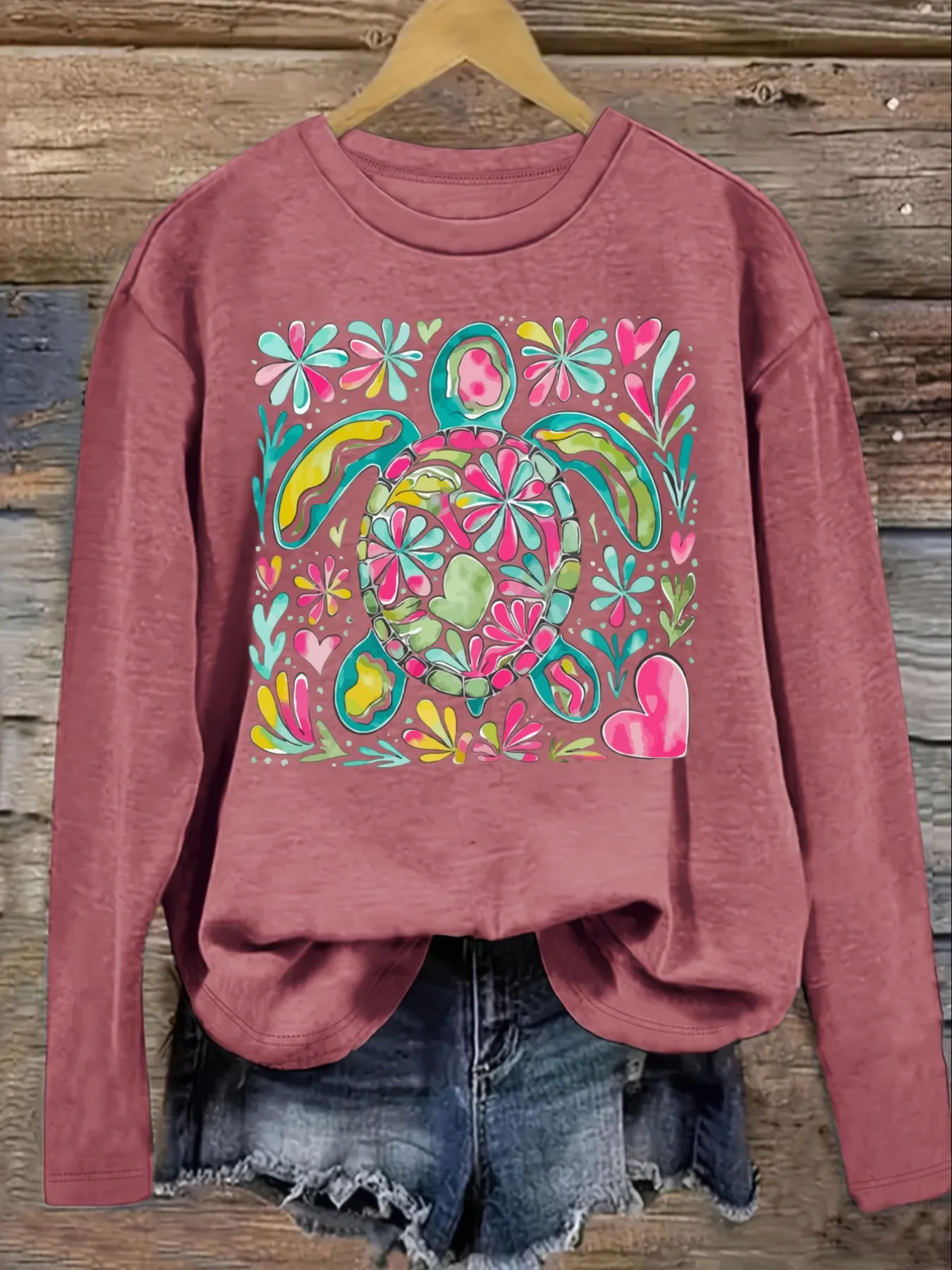 Women's Casual Long Sleeve Crew Neck T-Shirt Colorful Floral Turtle Graphic Print Design, Round Neck Women's Clothing, Machine Washable, Slightly Elastic, Loose Fit, Spring Autumn Winter Women's T-Shirt, Halloween Costume Outfit view 3