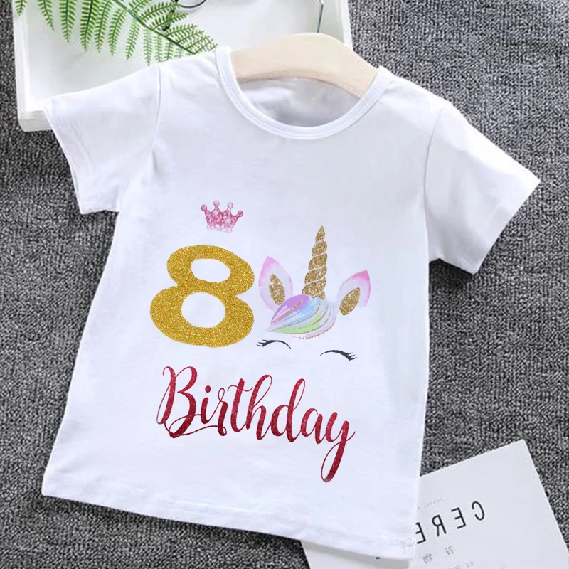 Cartoon Birthday Numbers Unicorn 1 2 3 4 5 6 7 8 9 Age Baby Boys Clothes Summer T-shirt Fashion 2022 Kids Clothes Girls Tees Top