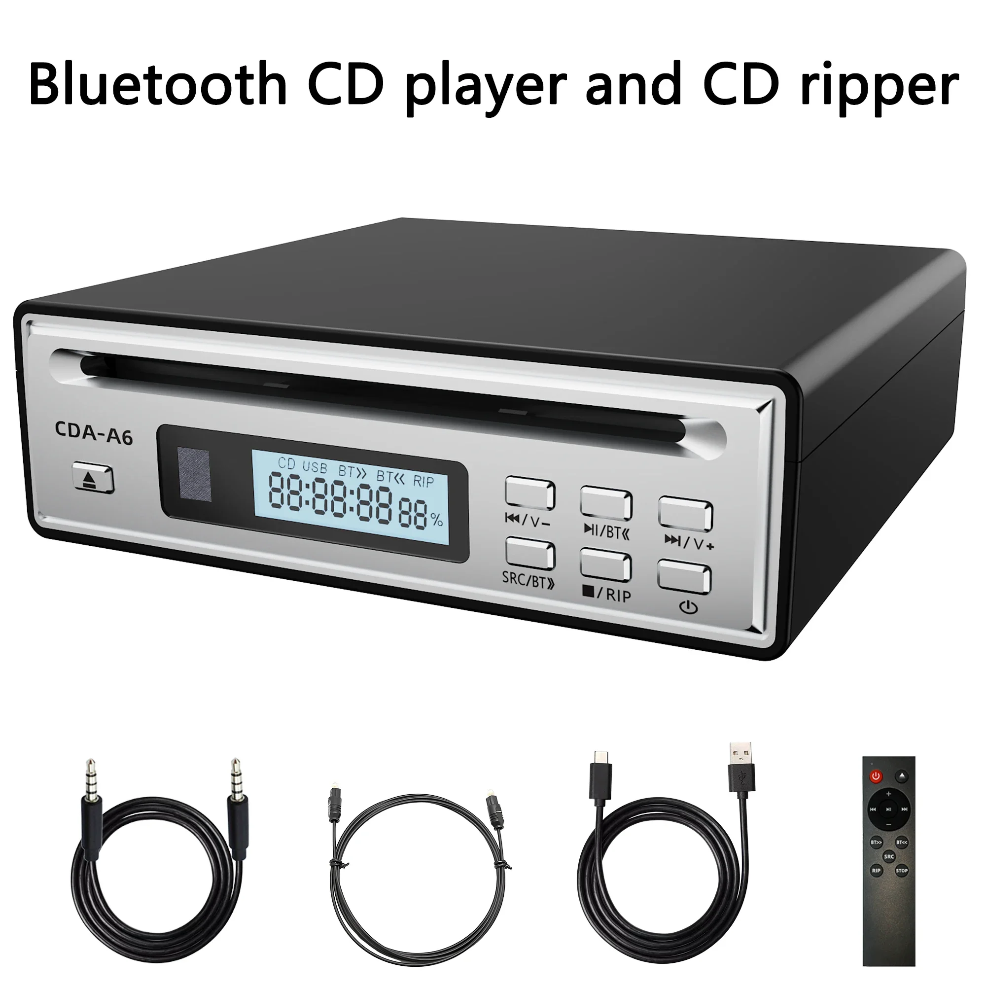 Hi-Fi CD Ripper w/One-Touch WAV Ripping, Bidirectional Bluetooth CD Player, USB Playback, Optical&AUX Output, w/Remote Control