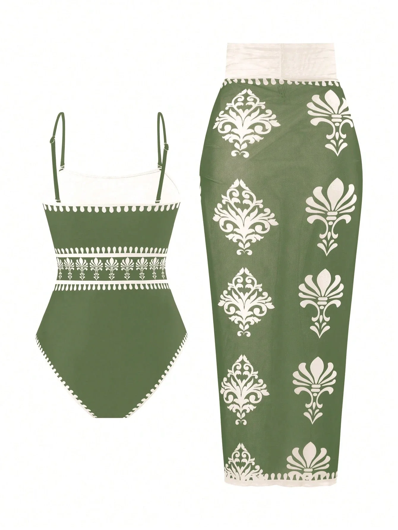 

Женский пляжный купальник из двух частей с цветочным принтом и сетчатой юбкой-накидкой