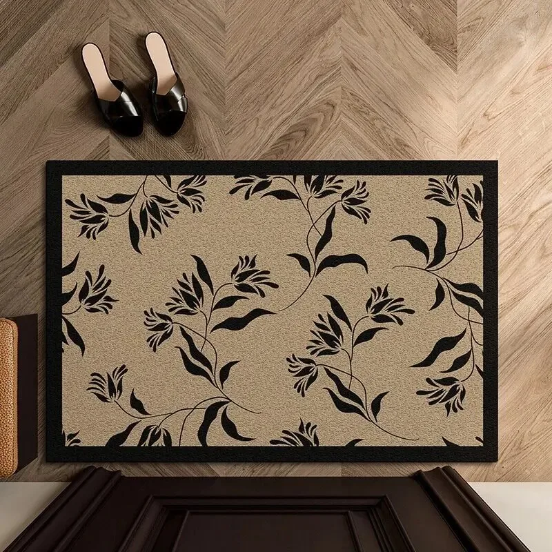 Retro Botanical Flower Frame PVC Loop Doormat Cuttable Dirt Scraping Non Slip Easy Clean Entrance Rug Hallway Indoor Home Decor