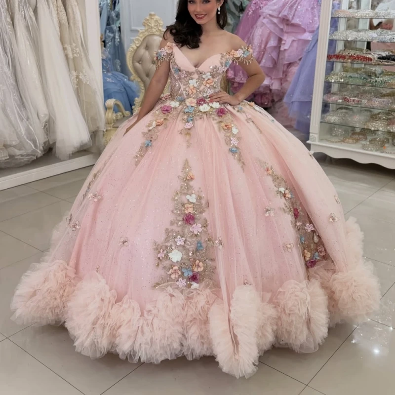 Light Pink Glitter Quinceanera Dresses Off Shoulder Ball Gown Sweet 16 Dress Applique Flower Beading Tull Party Birthday Vetidos