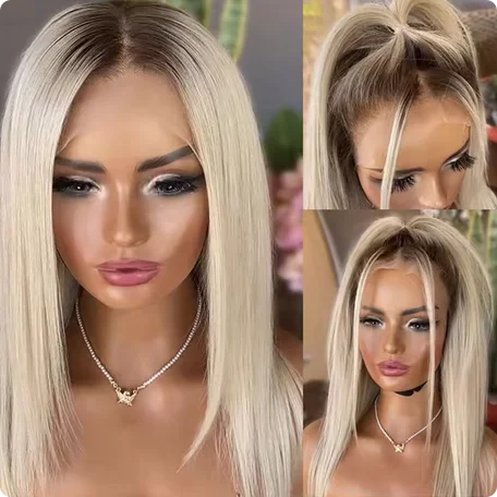 

Women's Long Straight Platinum Blonde Hair Wig with Dark Root Lace Front Preplucked Heat Resistant Glueless for Daily Use